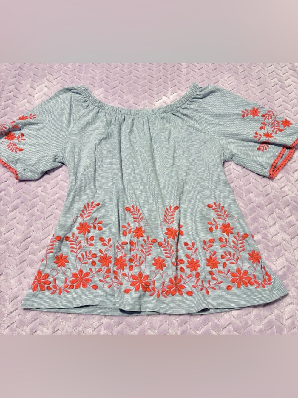 Talbots Light Blue Off-Shoulder Top with Coral Floral Embroidery